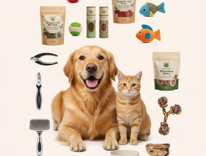 Create a premium mobile-first ecommerce banner image for a Shopify pet store.
Vertical format optimized for mobile screens.

Include:
- One happy dog and one happy cat positioned naturally in the image
- Multiple new pet products arranged neatly around them, including:
   - Dog and cat toys / play items
   - Pet food, snacks, and treats
   - Grooming tools and brushes
   - Accessories and daily care essentials
- All products clearly visible, visually balanced, modern layout

Style:
- Premium, clean, modern 