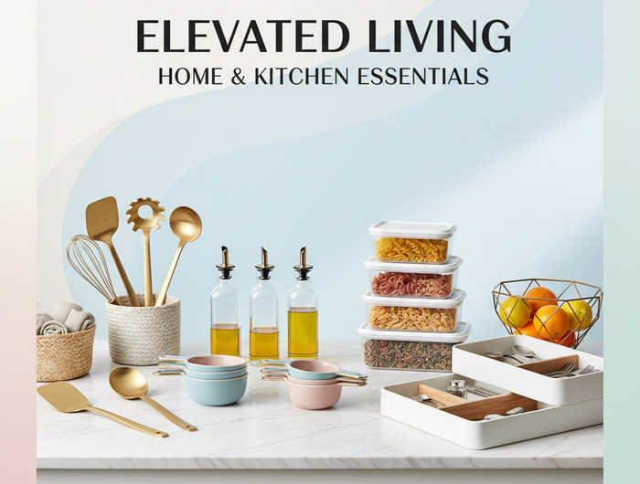 Please design a beautiful PREMIUM mobile banner for my Shopify store showing kitchen and household essential products. This banner is for MOBILE VIEW so use a SQUARE layout.

Banner Size: 1080 x 1080
Design Style: Modern, clean, classy and premium

Include Products:
Kitchen Tools
Cooking Accessories
Storage Containers
Home Essentials
Organizers

Background: Soft light gradient or premium pastel tone
Colors: White, Cream, Soft Blue, Pastel

Typography:
Stylish premium font
Clean and readable
Organized neat l