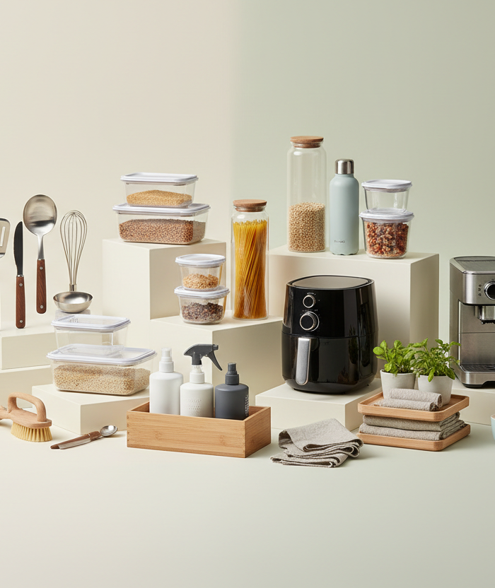 Please design a UNIQUE, modern and premium-quality banner for my Shopify store showing various kitchen and household essential products. The banner must look stylish, professional, and highly attractive. It should display different types of kitchen and home items such as cooking tools, storage containers, kitchen gadgets, cleaning products, organizers, and daily household essentials.

Banner Size: 1800x900 or 2000x1000
Design Style: Unique, modern, clean, and classy
Background: Soft gradient or premium ligh